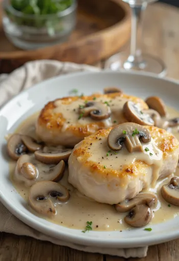 Paistettu porsaankyljys sienikastikkeella tarjoiltuna