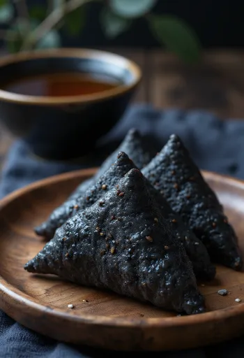Yatsuhashi mustalla seesamilla, japanilainen makeinen riisijauhosta