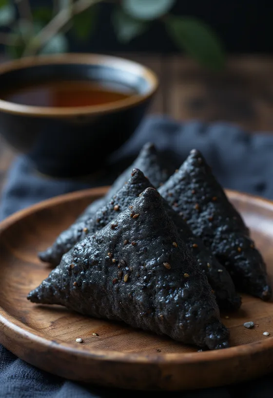 Yatsuhashi mustalla seesamilla, japanilainen makeinen riisijauhosta
