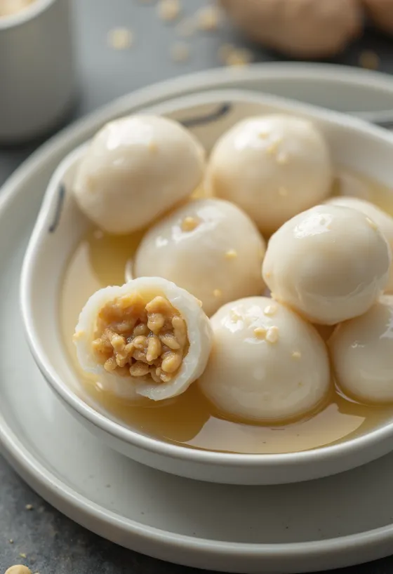 Maapähkinä-tangyuan, kiinalainen jälkiruoka riisijauhopalloilla, tuoreella korianterilla