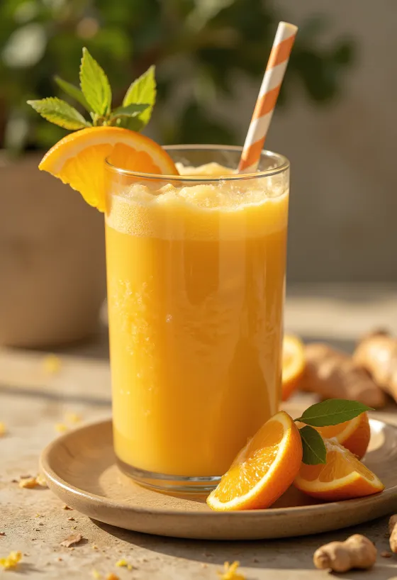 Appelsiini-inkiväärismoothie lasissa