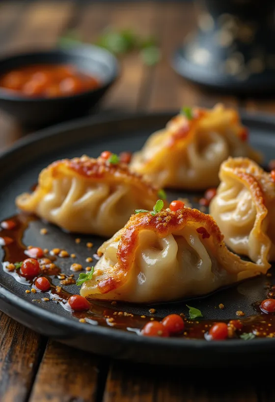 Szechuan Gyoza soijakastikepohjaisessa tarjoilussa