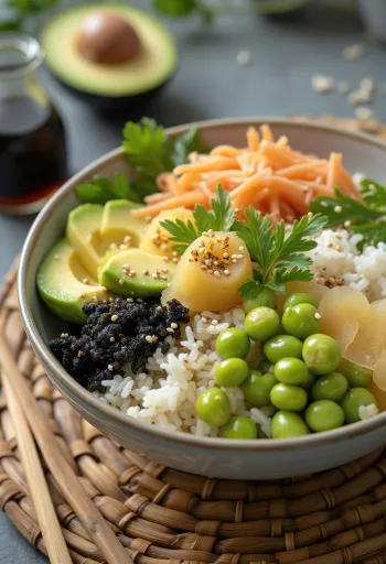 Vegaaninen sushikulho vihanneksilla ja seesaminsiemenillä