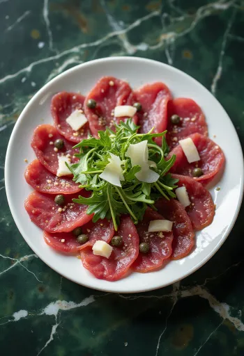 Hirvicarpaccio tarjoiltuna rucolan ja parmesaanin kera