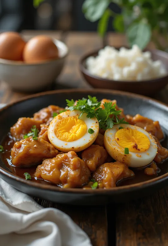Adobo kananmunilla tarjoiltuna, kana ja kananmuna yhdistettynä herkulliseksi ateriaksi.