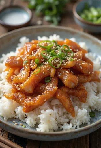 Savulihatangsu tarjoiltuna, riisin ja seesaminsiementen kera