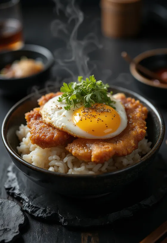 Katsudon tarjoiltuna, rapealla porsaanlihalla ja kevätsipulilla