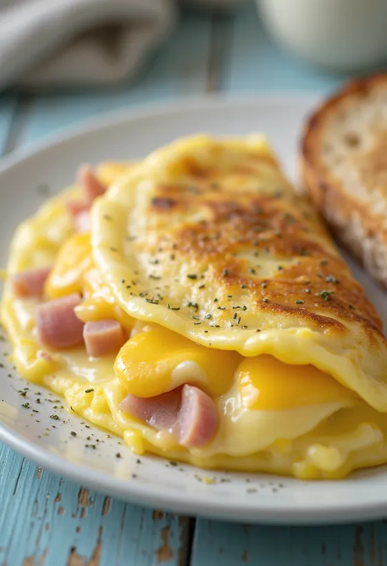 Täytetty munakas tuoreilla vihanneksilla ja sulaneella juustolla sisällä.