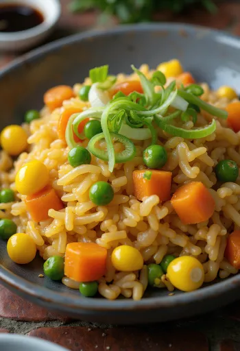 Vegaaninen paistettu riisi vihanneksilla, tuoreena tarjoiltuna wokissa.