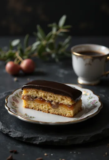 Kotitekoinen zserbó murealla taikinalla, pähkinätäytteellä ja suklaakuorrutteella