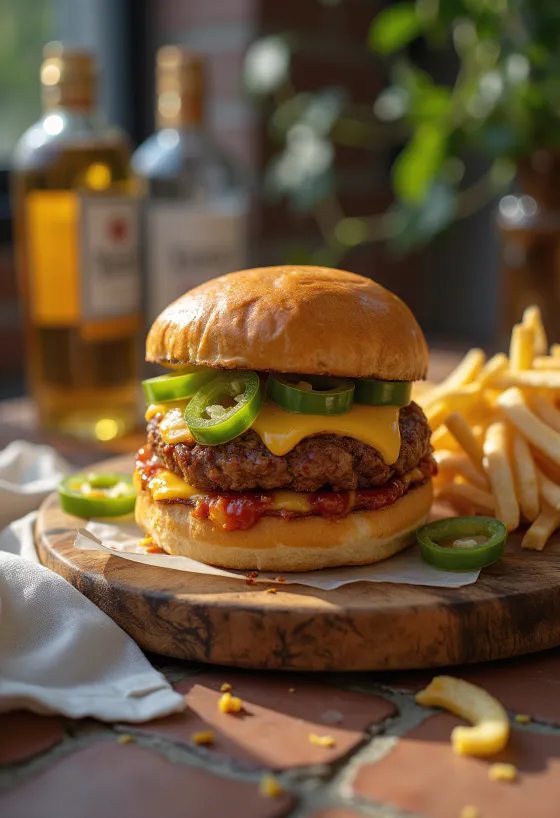 Chili-juustoburgeri tarjoiltuna