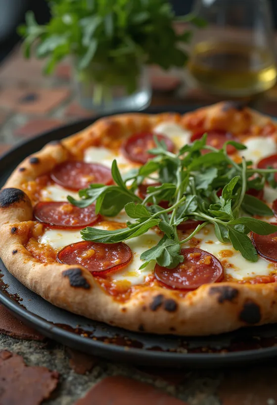 Diavola-pizza rucolalla ja mausteisella salamilla
