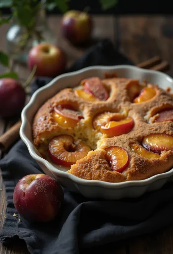 Kanelinen luumukakku tarjoiltuna tomusokerilla ja kanelilla