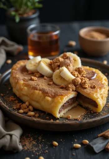 Martabak Manis tiivistetyllä maidolla, suklaalla ja banaanilla tarjoiltuna