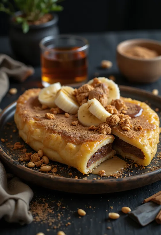 Martabak Manis tiivistetyllä maidolla, suklaalla ja banaanilla tarjoiltuna