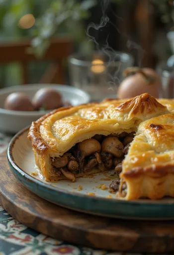 Kyyhkyspiirakka, josta on leikattu pala paljastaen runsaan täytteen