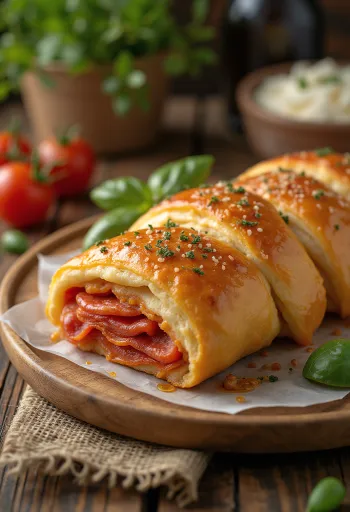 Strombolin leikkauspinta, jossa näkyy punaisia pepperoniviipaleita ja juustoa