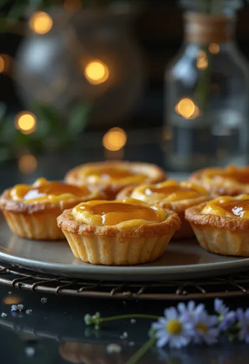 Mini treacle tart tarjoiltuna kullanruskealla taikinalla ja tuoreella sitruunankuorella koristeltuna