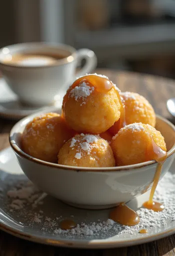 Zeppole karamellikreemillä, tuore ja makea munkki koristeltuna
