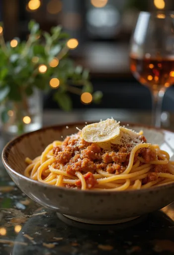Spagetti Bolognese tuoreella basilikalla ja parmesaanilla ripoteltuna