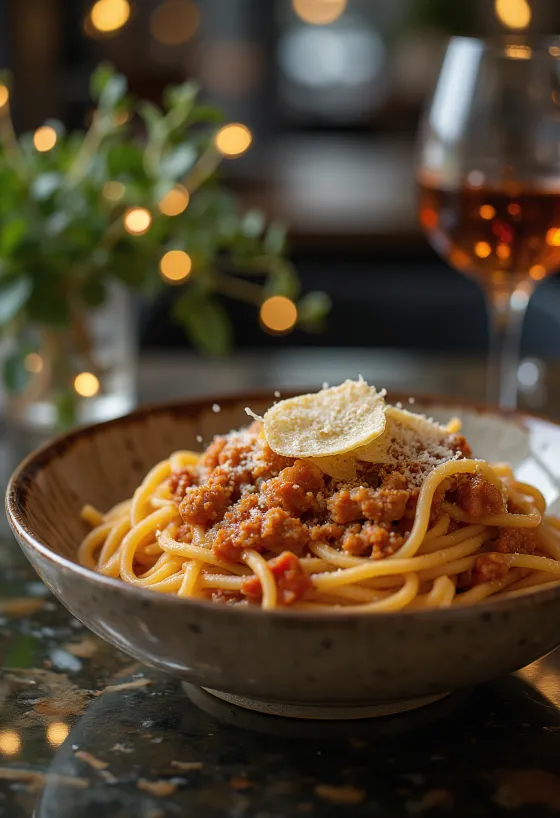 Spagetti Bolognese tuoreella basilikalla ja parmesaanilla ripoteltuna