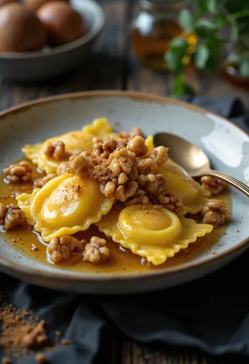 Karamellisoitu omena-pähkinäravioli tarjoiltuna