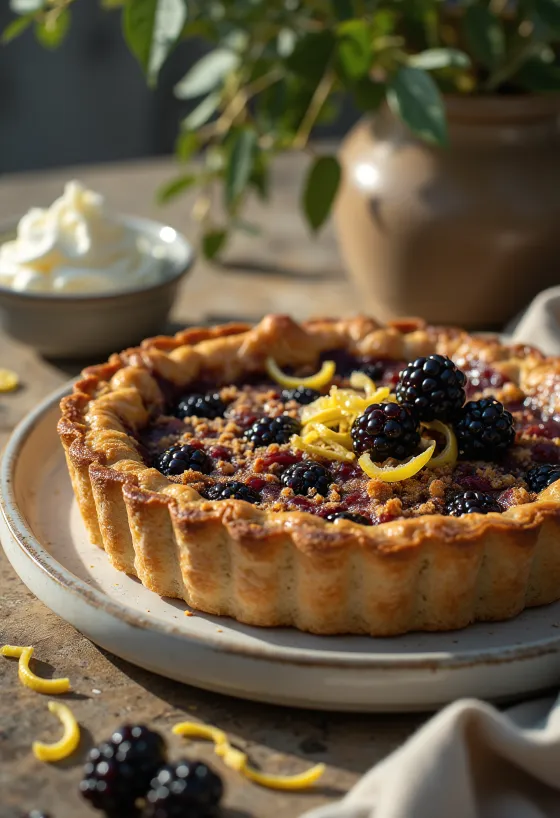 Treacle tart gluteenittomalla taikinalla, mustaherukalla tarjoiltuna