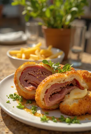 Cachopo espanjalainen täytetty liha tarjoiltuna