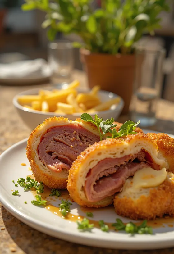 Cachopo espanjalainen täytetty liha tarjoiltuna