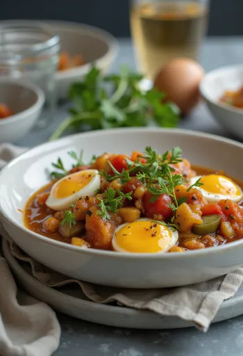 Vegaaninen caponata-versio munakoisolla, oliiveilla ja tomaattikastikkeella tarjoiltuna