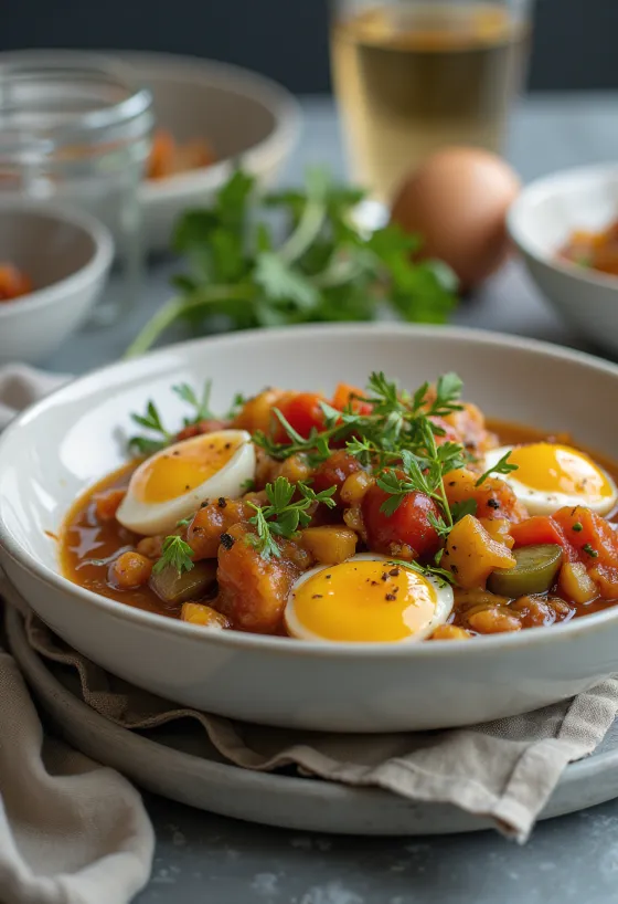 Vegaaninen caponata-versio munakoisolla, oliiveilla ja tomaattikastikkeella tarjoiltuna