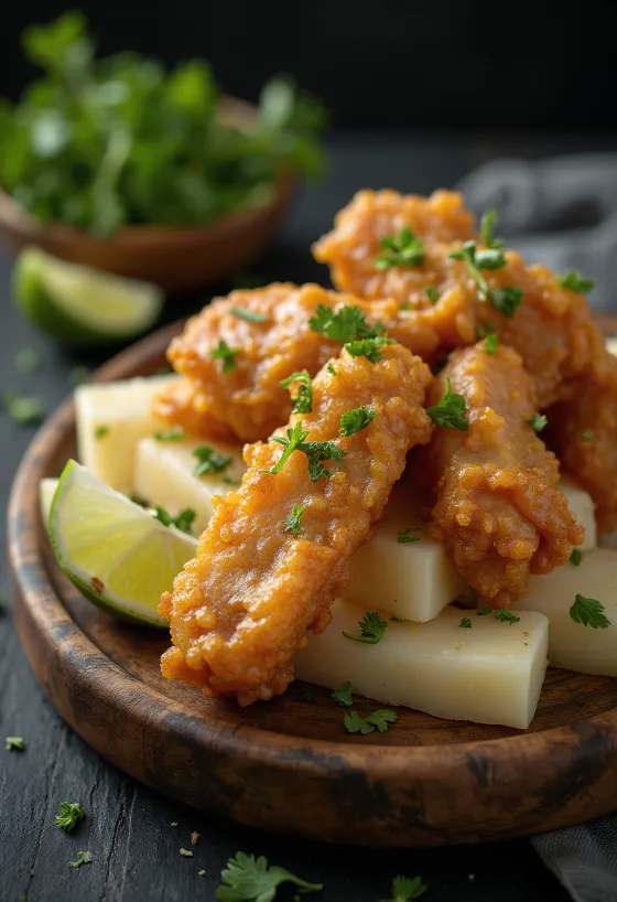 Chicharrón con yuca rapealla porsaanlihalla ja kullanruskeaksi paistetulla yucalla tarjoiltuna
