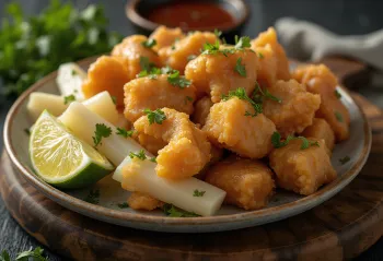 Chicharrón con yuca rapealla porsaanlihalla ja kullanruskeaksi paistetulla yucalla tarjoiltuna