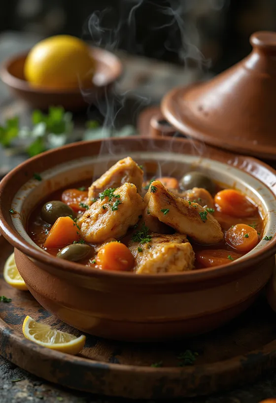 Klassinen tagine kanalla, runsailla kasviksilla ja mausteisella kastikkeella