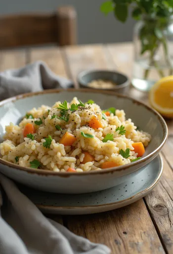 Prebioottinen kasvisriisi tarjoiltuna värikkäillä vihanneksilla ja ruskealla riisillä