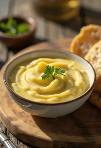 Alioli-valkosipulikastike tarjoiltuna tuoreen leivän kanssa