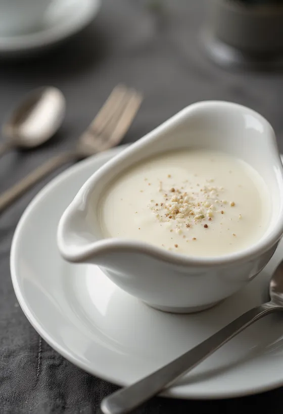 Silkkinen kermainen rosmariinikastike kastikekannussa