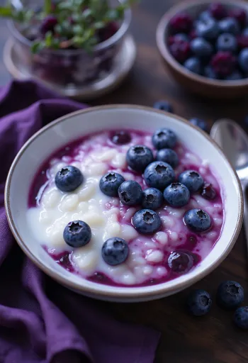 Mustikkacongee tarjoiltuna, tuoreilla mustikoilla ja kermalla