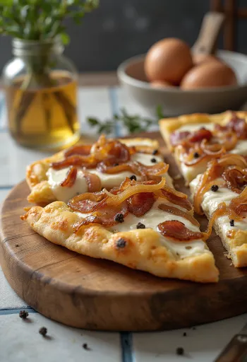 Flammkuchen smetanalla, sipulilla ja pekonilla