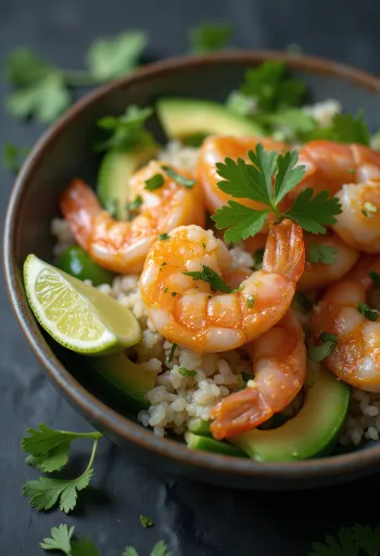 Poké-kulho katkaravuilla tuoreilla vihanneksilla ja riisipedillä, koristeltuna korianterilla ja limetillä.