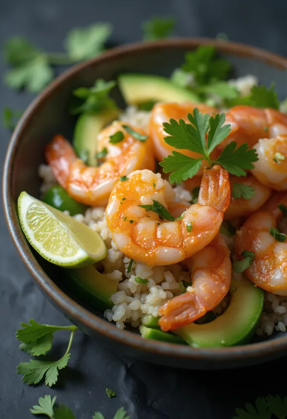 Poké-kulho katkaravuilla tuoreilla vihanneksilla ja riisipedillä, koristeltuna korianterilla ja limetillä.