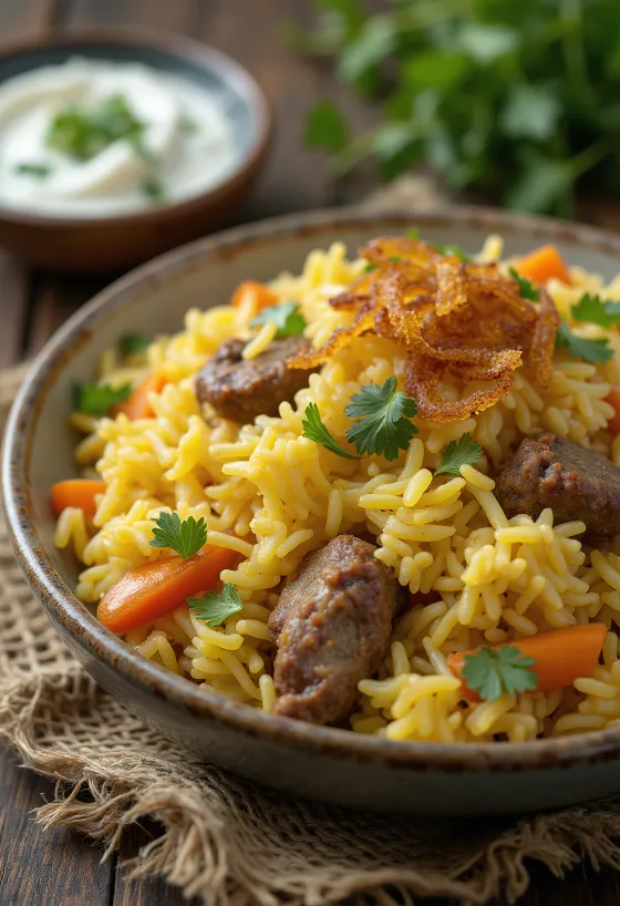 Vihannes-biryani lampaanlihalla, runsas mausteinen riisi ja murea lampaanliha