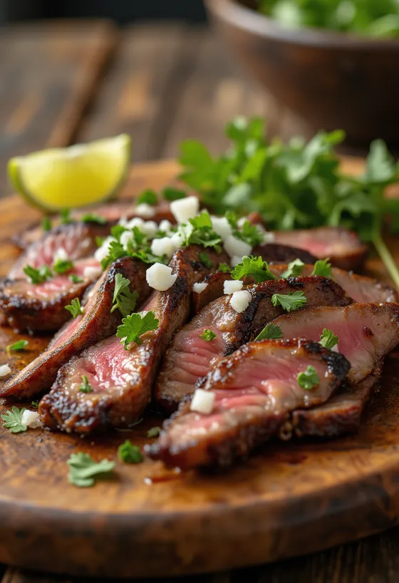 Carne asada tarjoiltuna tortillan ja salaatin kera