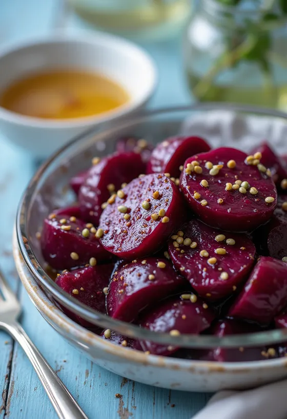 Punajuurisalaatti tuoreilla vihanneksilla ja balsamiviinietikkakastikkeella tarjoiltuna