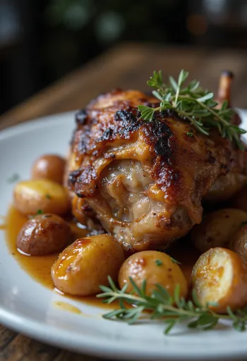 Ankkaconfit perunamuusilla ja vihanneksilla tarjoiltuna