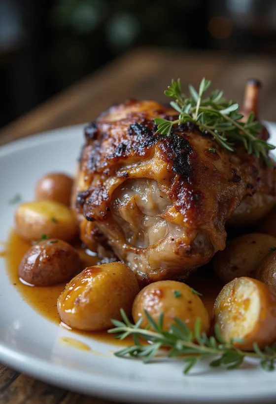 Ankkaconfit perunamuusilla ja vihanneksilla tarjoiltuna