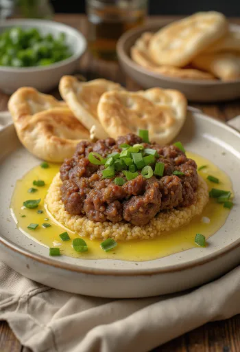 Kibbeh Nayyeh tarjoiltuna tuoreen pitaleivän ja granaattiomenan siementen kanssa