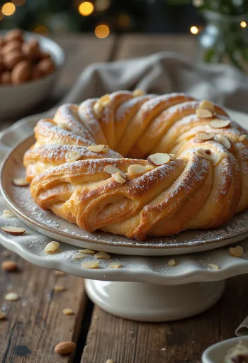 Kringle mantelitäytteellä, kanelisokerilla ripoteltuna