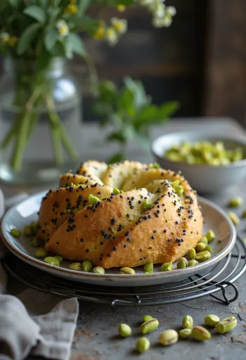 Pistaasi-unikonsiemenkakku tarjoiltuna