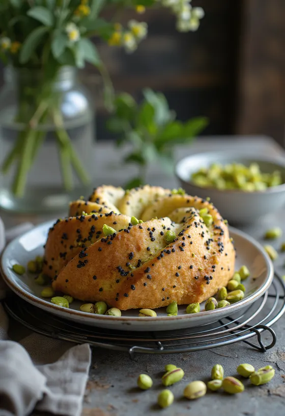 Pistaasi-unikonsiemenkakku tarjoiltuna